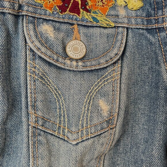 Hollister Cali Denim Jean Jacket Medium Tropical Palm Tree Flowers Embellished - Picture 5 of 9